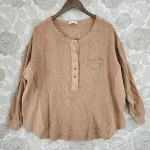 Bluivy Gauze Scoop neck Henley Long sleeve Raw hem Knit Top Women's M/L 506